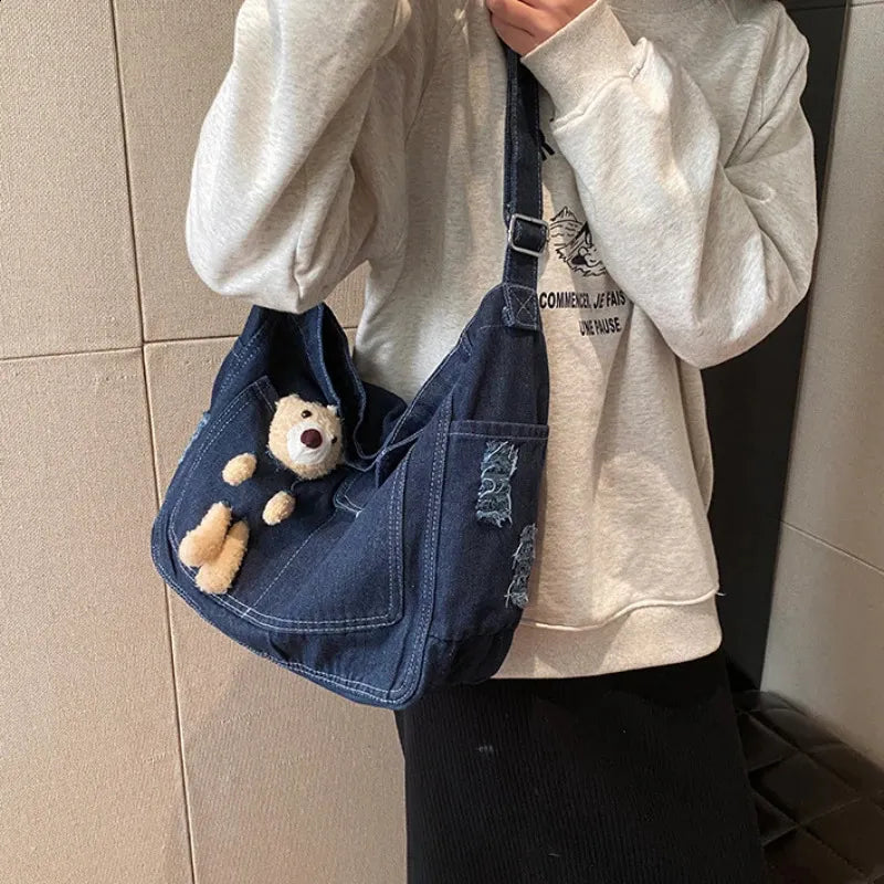 Bear Denim Crossbody Bag