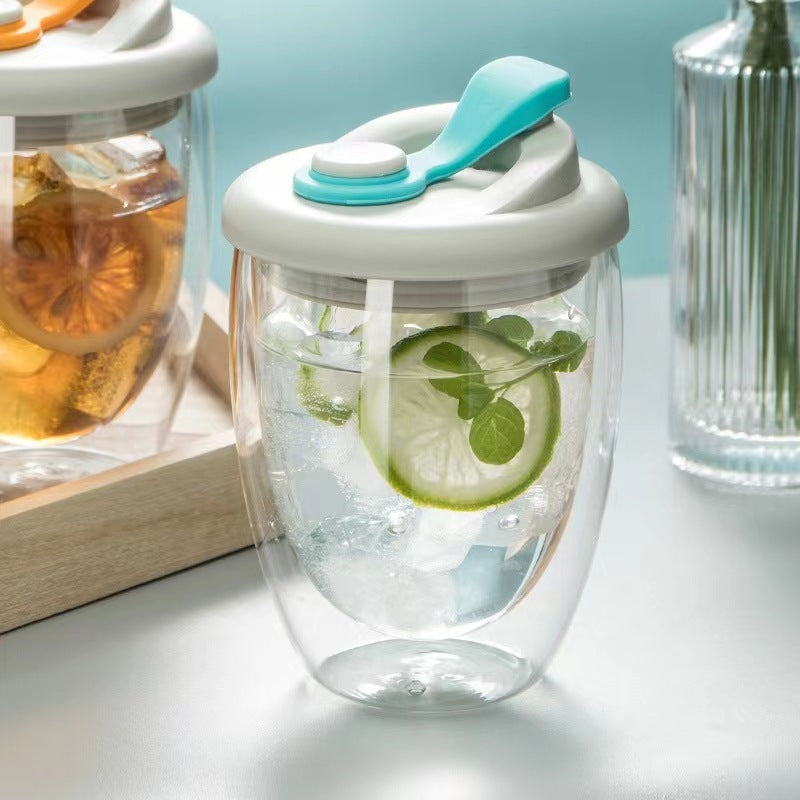 Double Layer Glass Cup With Lid